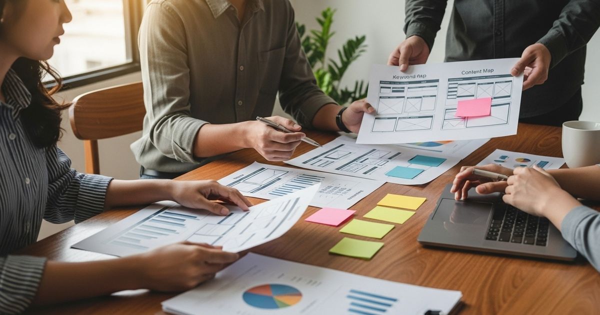 Marketing team reviewing printed keyword maps and content briefs at a warm, modern workspace.