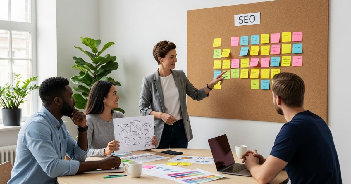 Startup founder leading a small team workshop with sticky notes and sketches in a warm modern workspace, planning non-technical SEO strategy.