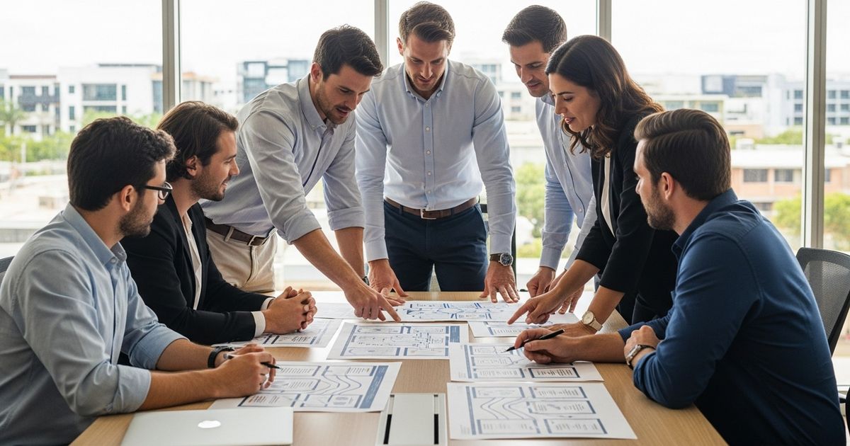 Marketing team collaborating in a modern Darwin office around a conference table discussing SEO agencies in Darwin