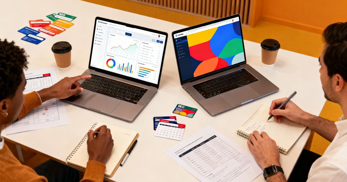 Marketing team comparing Semrush vs Moz dashboards on two laptops