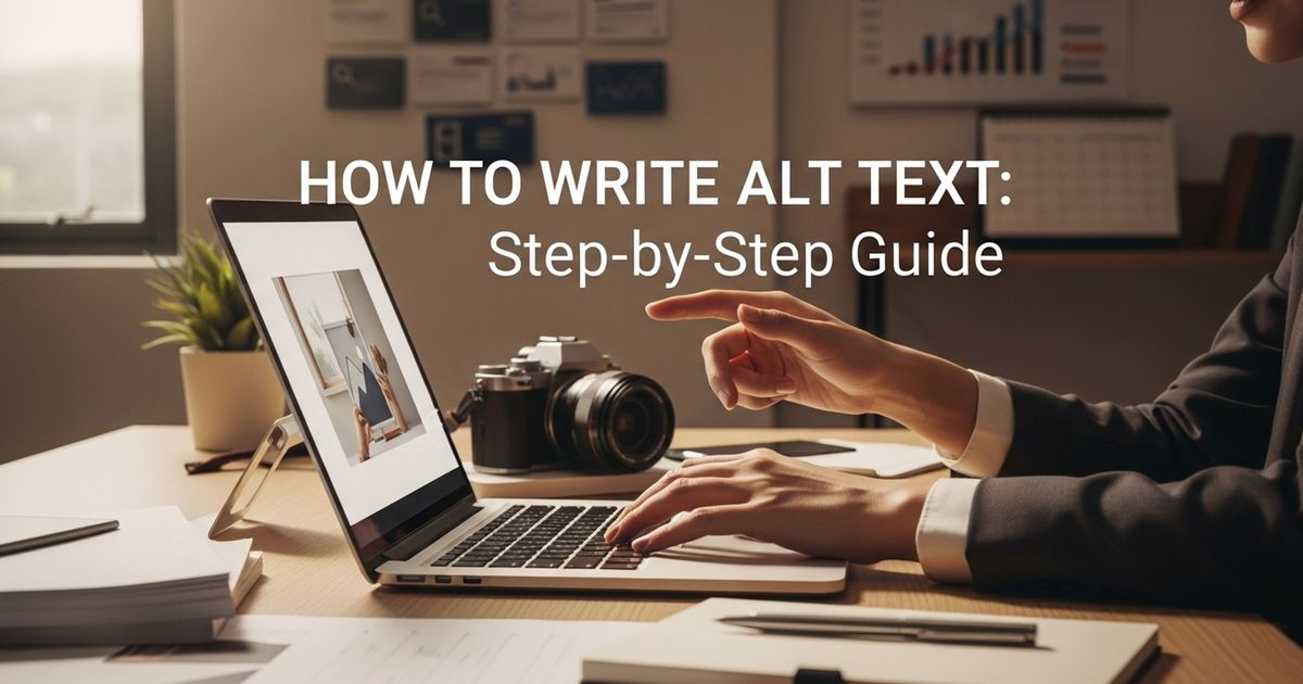 Content manager adding alt text to product images on a laptop in a startup office — how to write alt text
