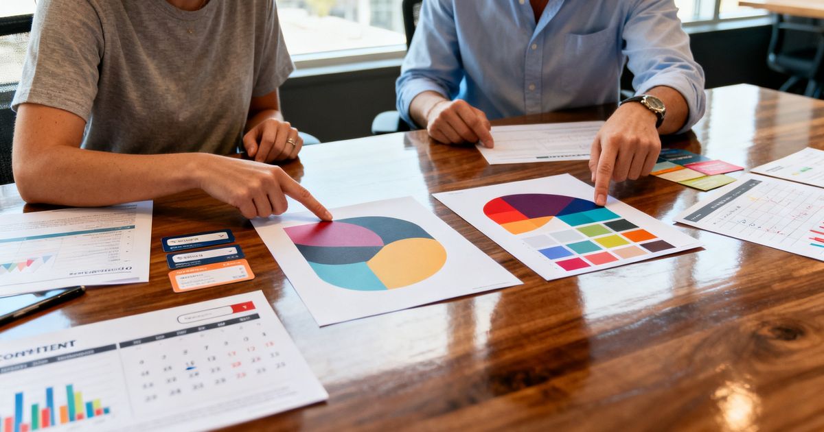 Two content marketers in a co-working office comparing Surfer SEO and Clearscope reports side-by-side