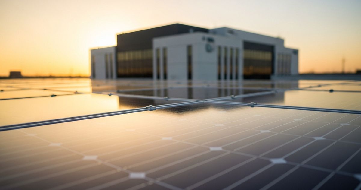 Close-up of sunlit solar panels on a rooftop at golden hour with a modern cityscape blurred in the background, evoking growth and clean energy.