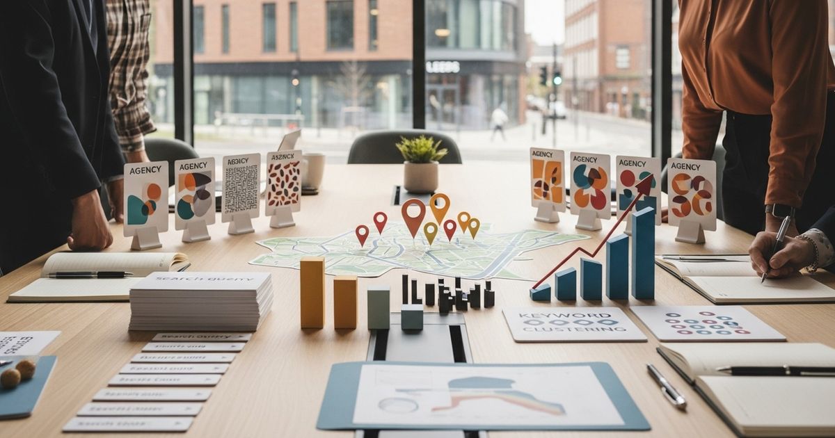 Marketing team collaborating in a modern Leeds office, representing SEO agencies in Leeds