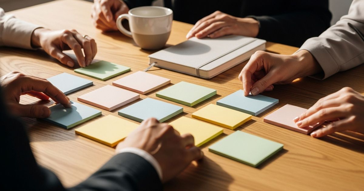 Team arranging blank color-coded index cards on a table to plan templated content and workflows, suggesting programmatic SEO planning.