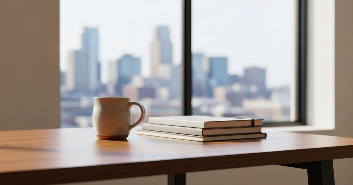 Modern office desk with Minneapolis skyline in soft focus, warm-toned professional scene representing local SEO agency work.