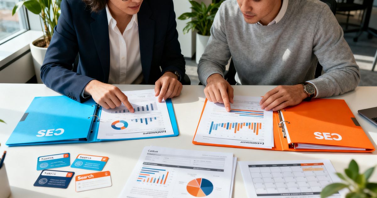 Two content marketers comparing printed SEO reports side-by-side — Frase vs Moz comparison