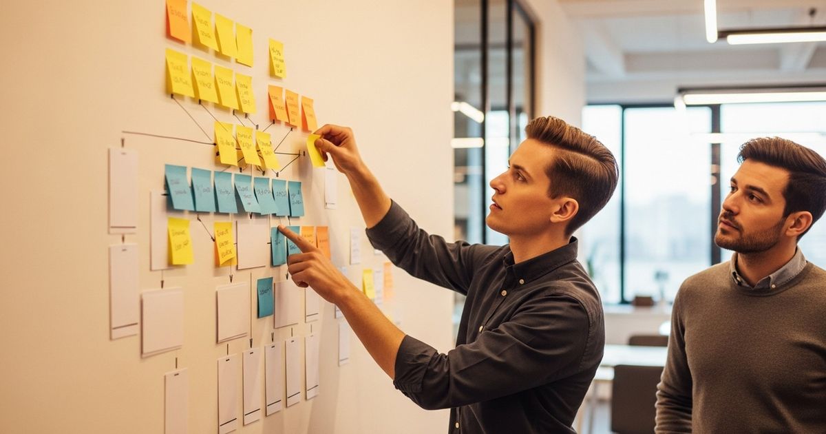 SEO analyst arranging color-coded sticky notes to map topic clusters during a keyword gap analysis