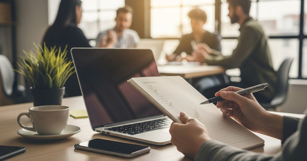 Workspace with a blank checklist notebook and tools representing an automated SEO publishing QA process