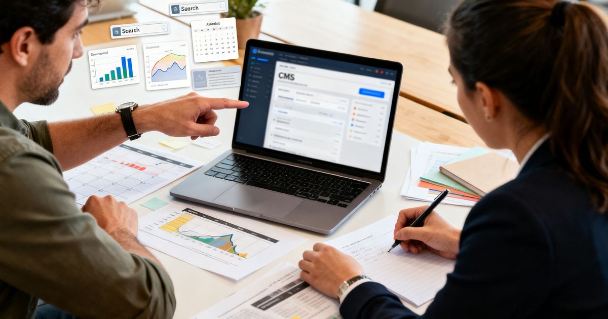 SEO specialist and developer configuring Kentico SEO settings together in a startup office — kentico seo