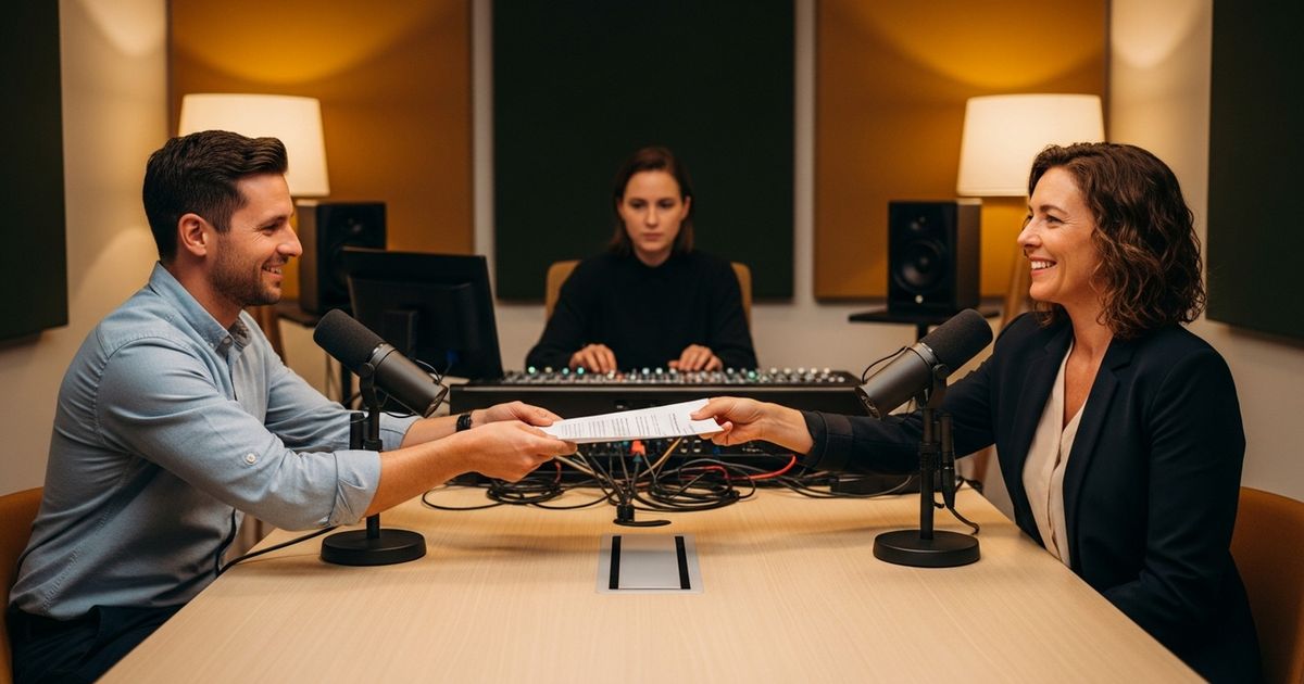 Podcast host and guest reviewing show notes in a studio to plan links — how to build links from podcasts
