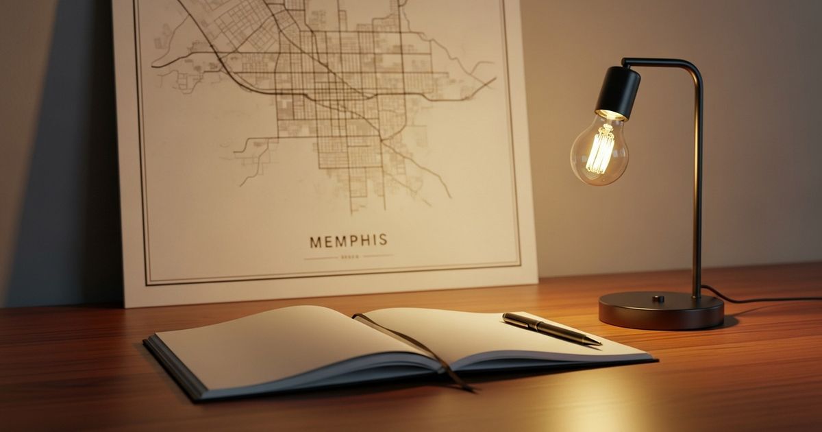 Warm editorial desk scene with an abstract Memphis map silhouette suggesting local strategy and planning