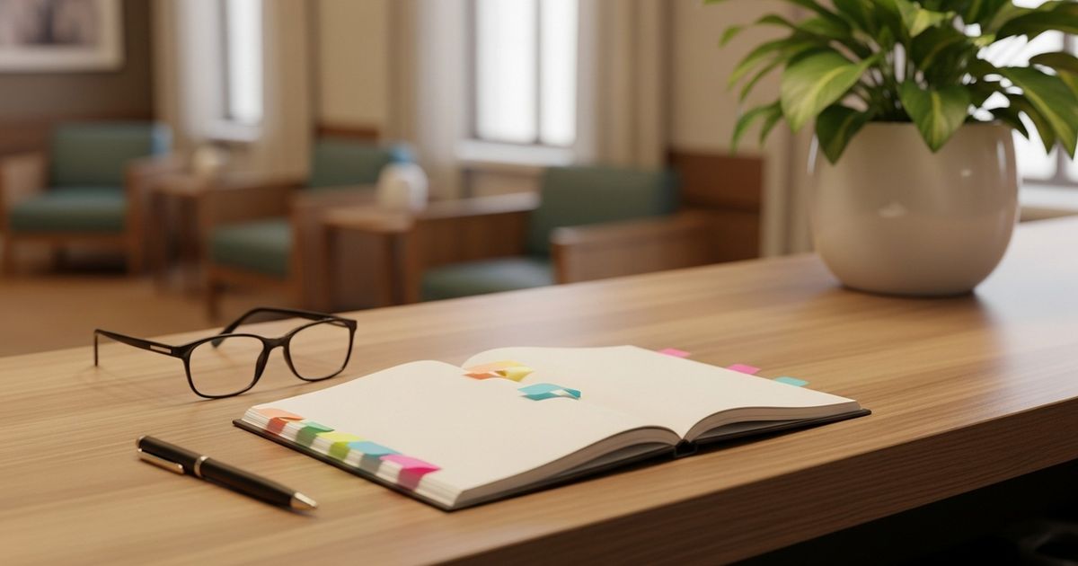 Warm, modern senior care reception desk with reading glasses and a blank notebook, evoking trusted care and thoughtful planning.