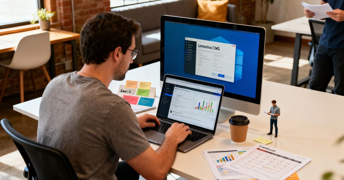 Developer configuring Umbraco SEO settings in a modern coworking office
