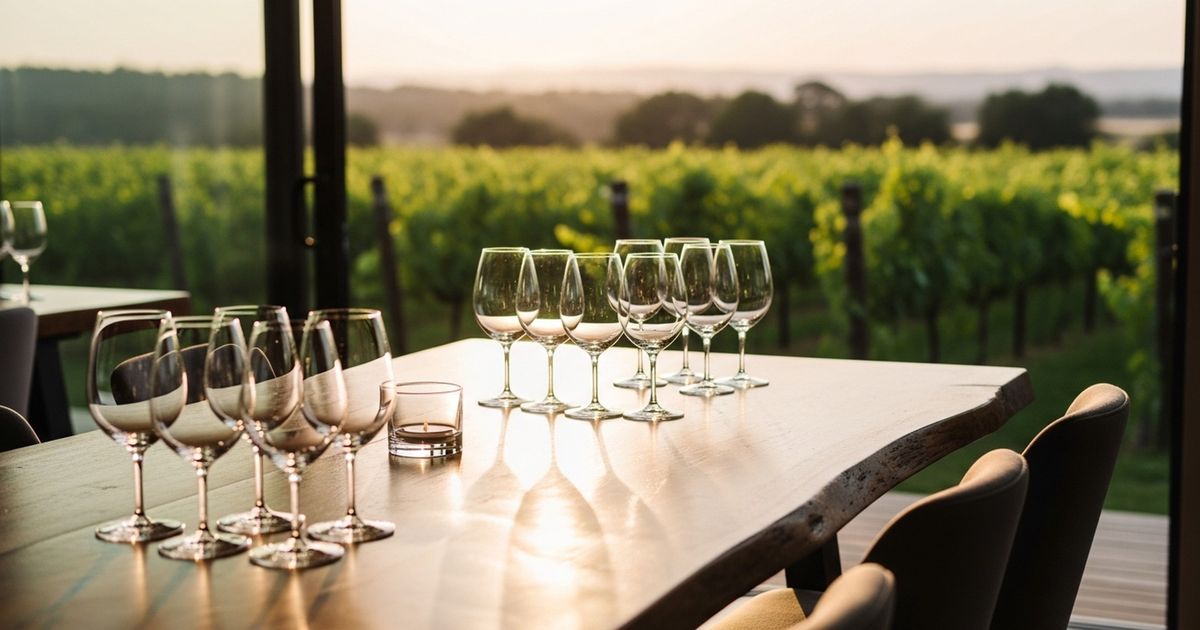 Sunlit winery tasting-room table with empty tasting glasses and vine-covered terrace in warm tones