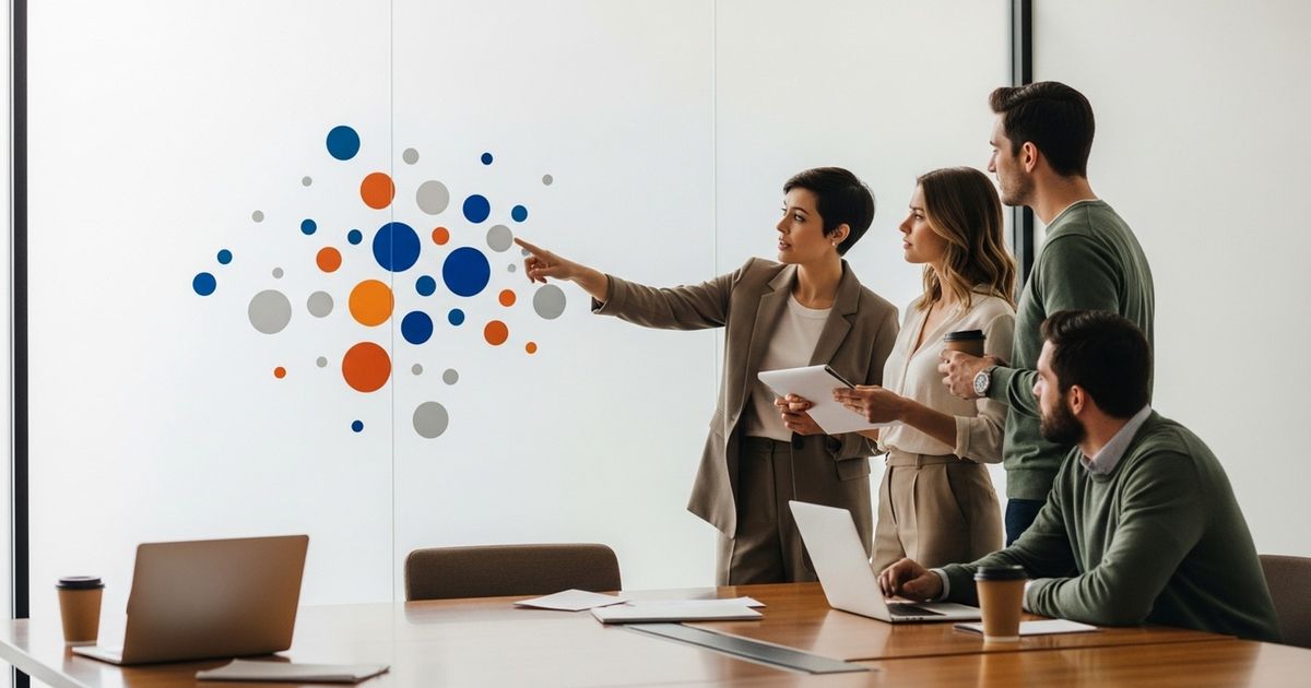SaaS marketing team collaborating around a table with blank strategy materials in a modern office