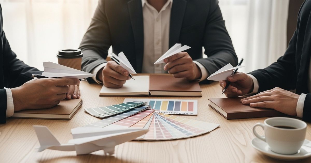 Small marketing team planning a content launch using paper airplane models and physical props to represent scaling and launch.