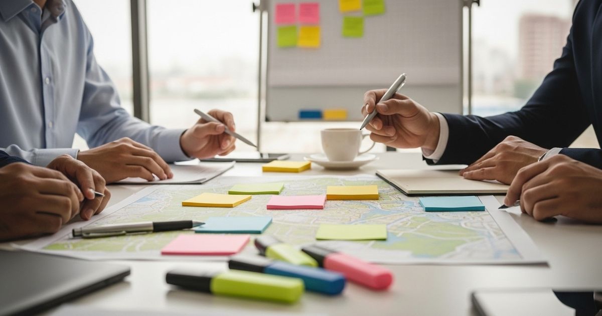Marketing team planning AI-driven content strategy using color-coded index cards and sticky notes on a clean conference table