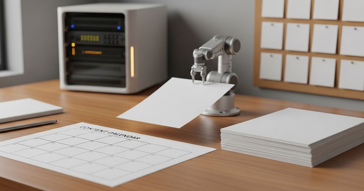 Modern marketing desk with a small robotic arm arranging blank content sheets beside a physical planning board, conveying automated SEO publishing workflows.