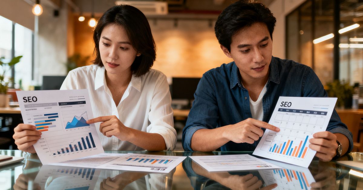 Two marketers comparing SEO reports side-by-side, representing Moz vs Ubersuggest