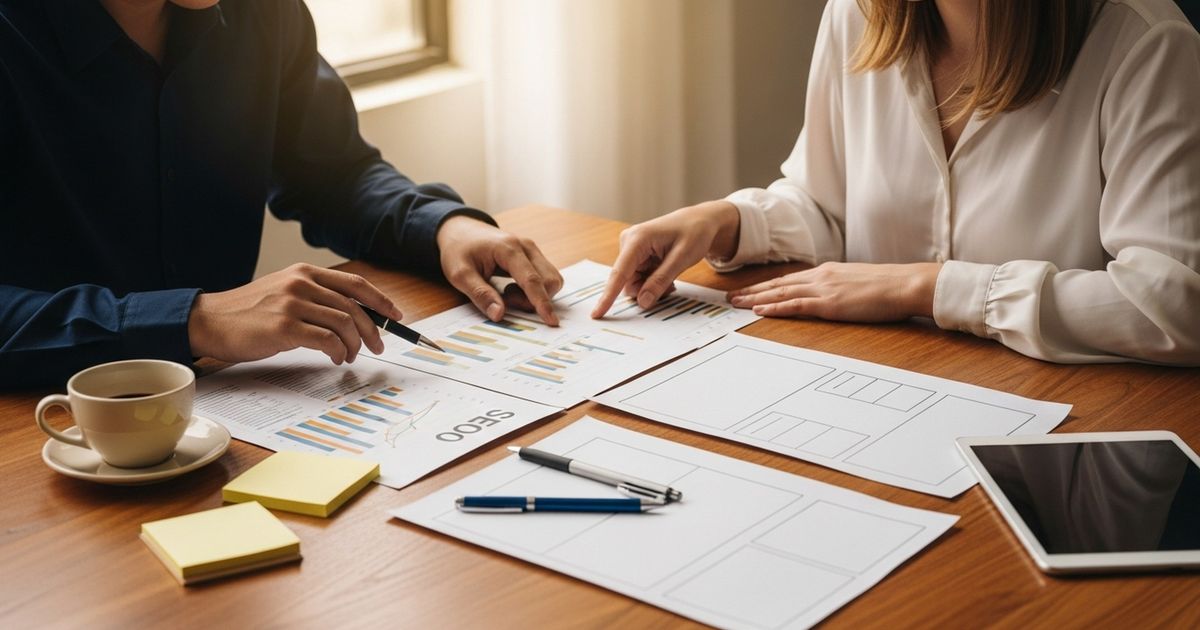 Two marketers reviewing printed SEO charts and blank article outlines on a warm modern desk, collaborating on content strategy