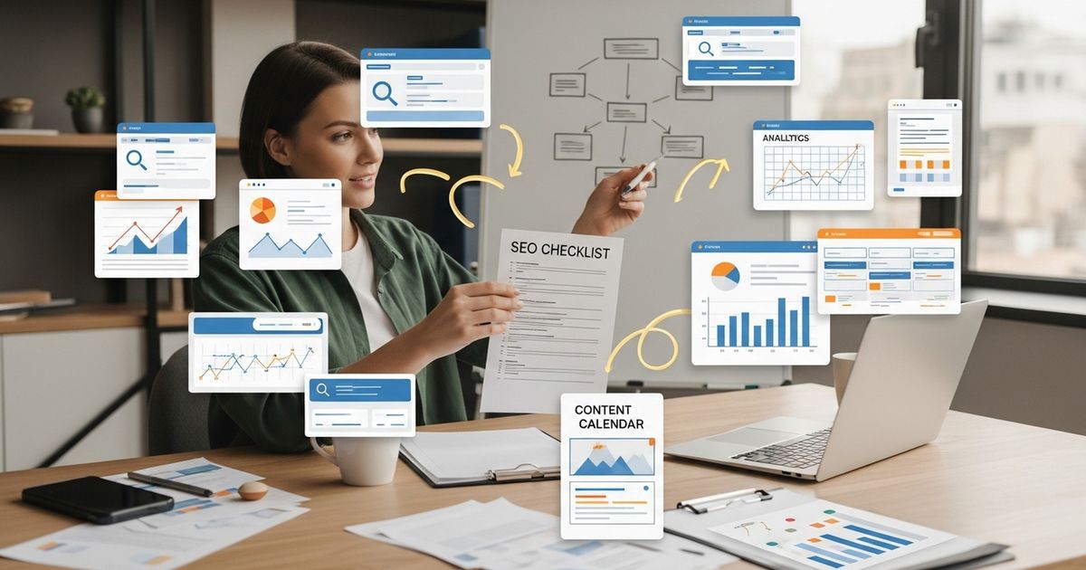 Founder reviewing an SEO checklist and site-structure diagram while preparing a Ucraft site for optimization — ucraf t seo