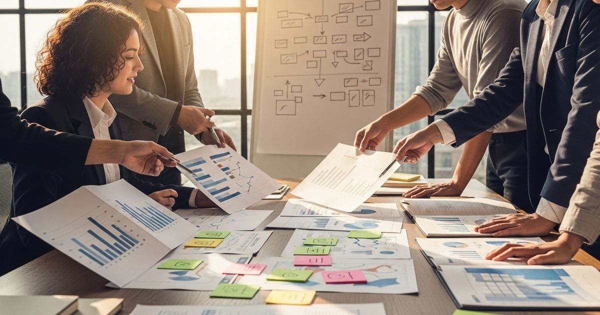 Marketing team reviewing printed keyword ranking reports and sticky notes — how to track keyword rankings