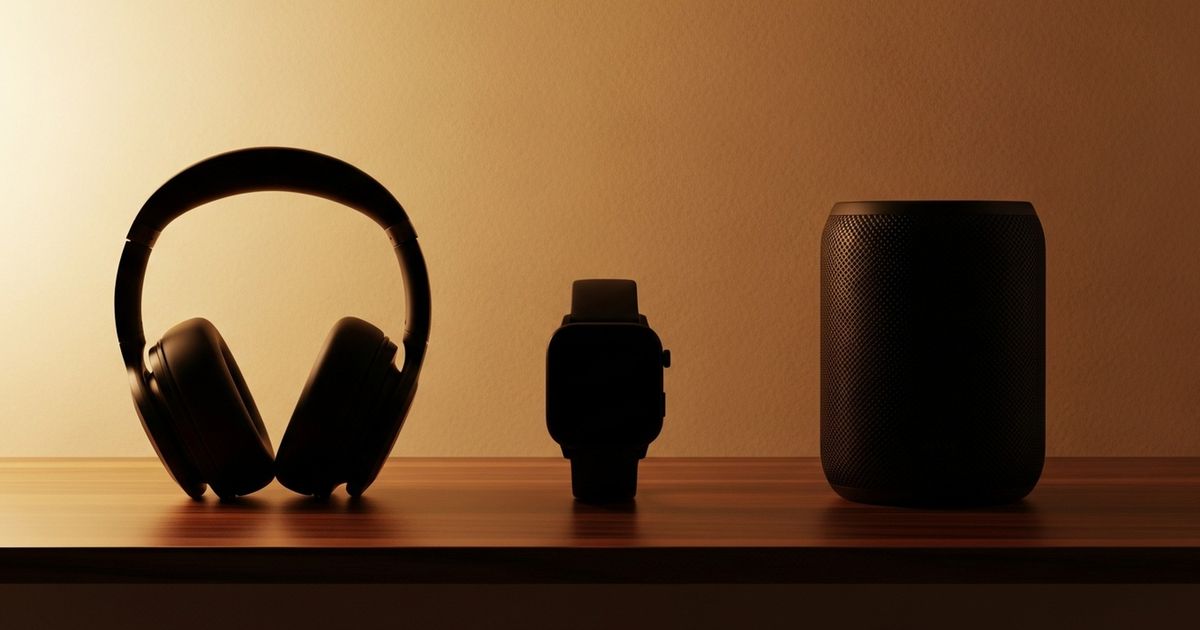 Warm editorial-style close-up of premium electronics silhouettes on a sleek retail surface, evoking online electronics retail and product discovery.