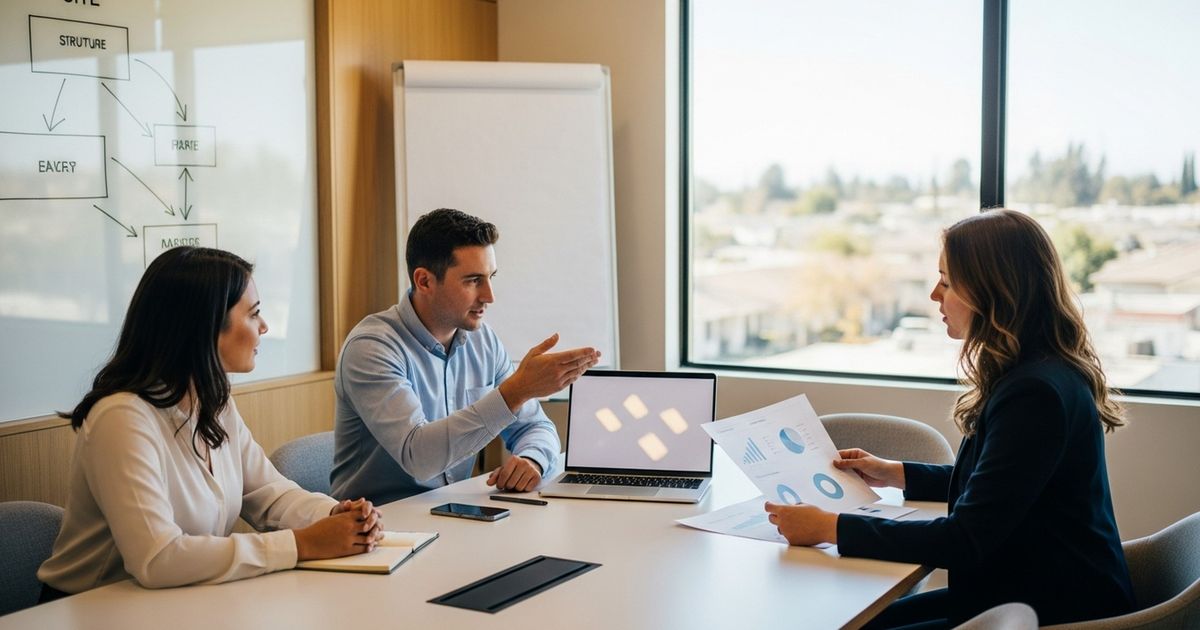 Marketing team in a Stockton, California office collaborating on SEO strategy for local businesses, representing SEO agencies in Stockton