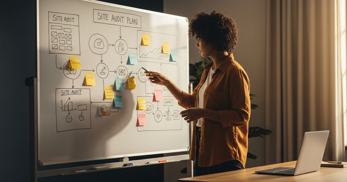 Marketer doing a Volusion SEO site audit using sticky-note planning on a whiteboard
