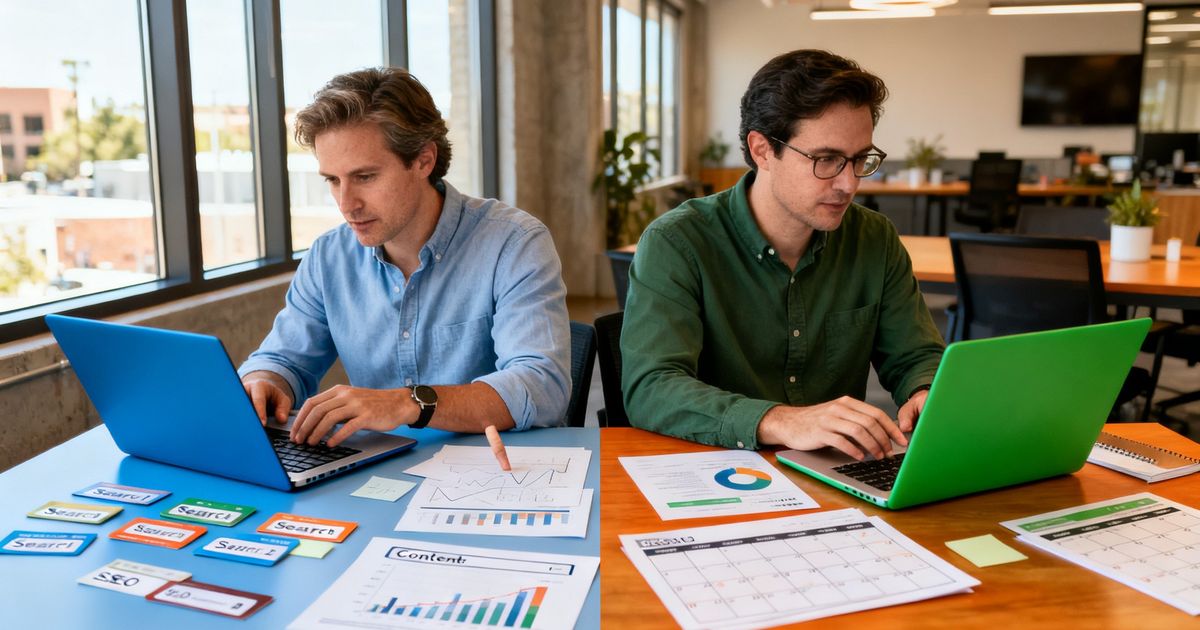 Two SEO specialists comparing AI content tools at a startup desk in Austin — MarketMuse vs Jasper comparison
