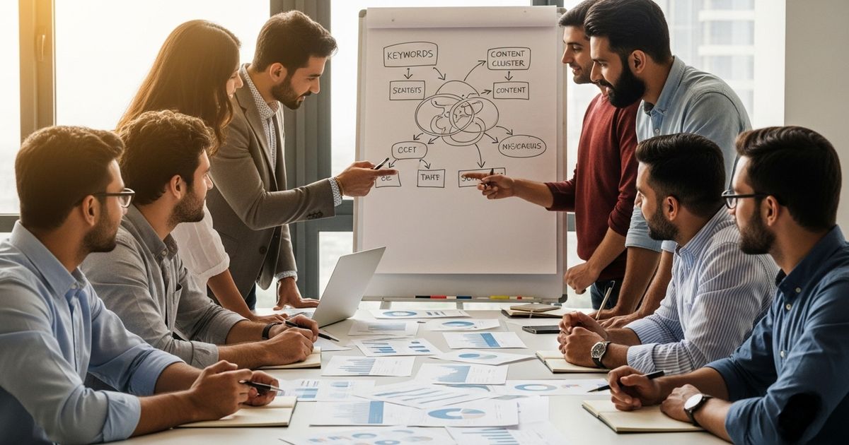 Marketing team planning topic clusters in a modern Bangalore office — SEO agencies in Bangalore