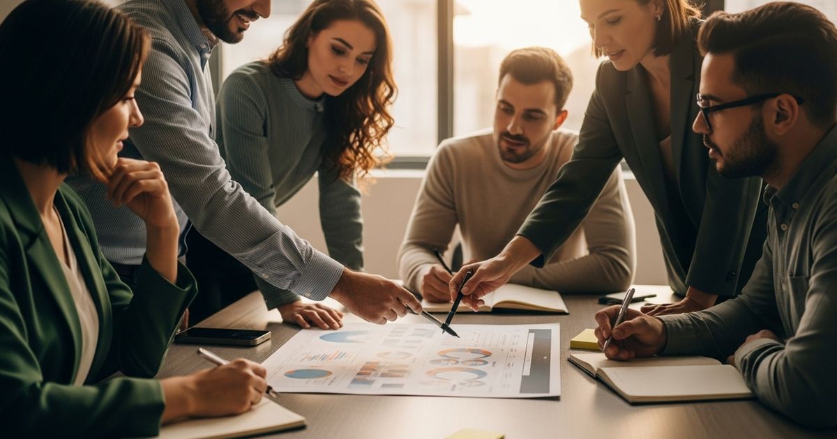 Marketing team collaborating in a Birmingham office around analytics and keyword planning, illustrating SEO agencies in Birmingham