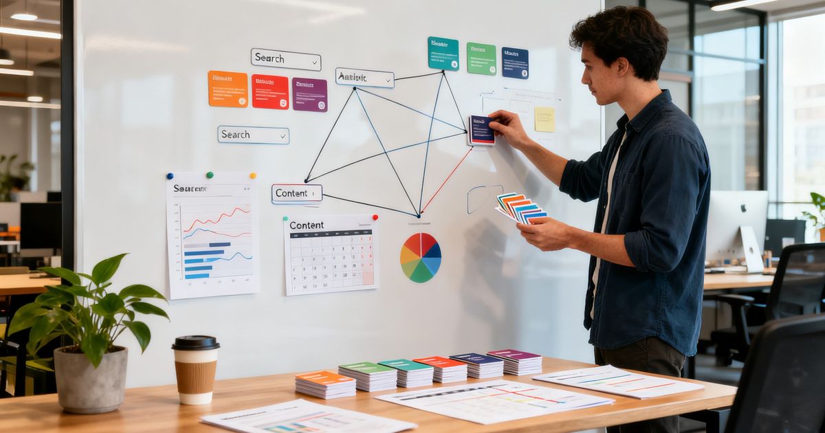 Content creator mapping Typeshare course structure for Typeshare SEO in a modern startup office