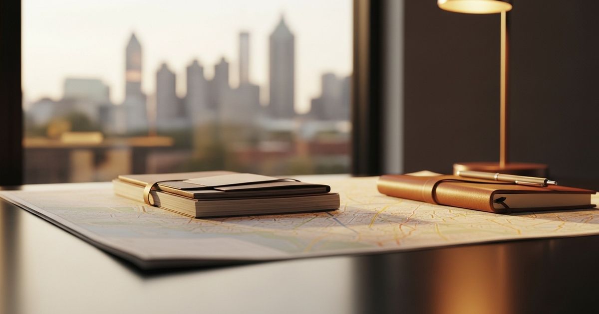 Hyper-realistic editorial image of a clean desk with maps and notebook, warm-lit city skyline in the background — evokes strategic local SEO planning in Atlanta.