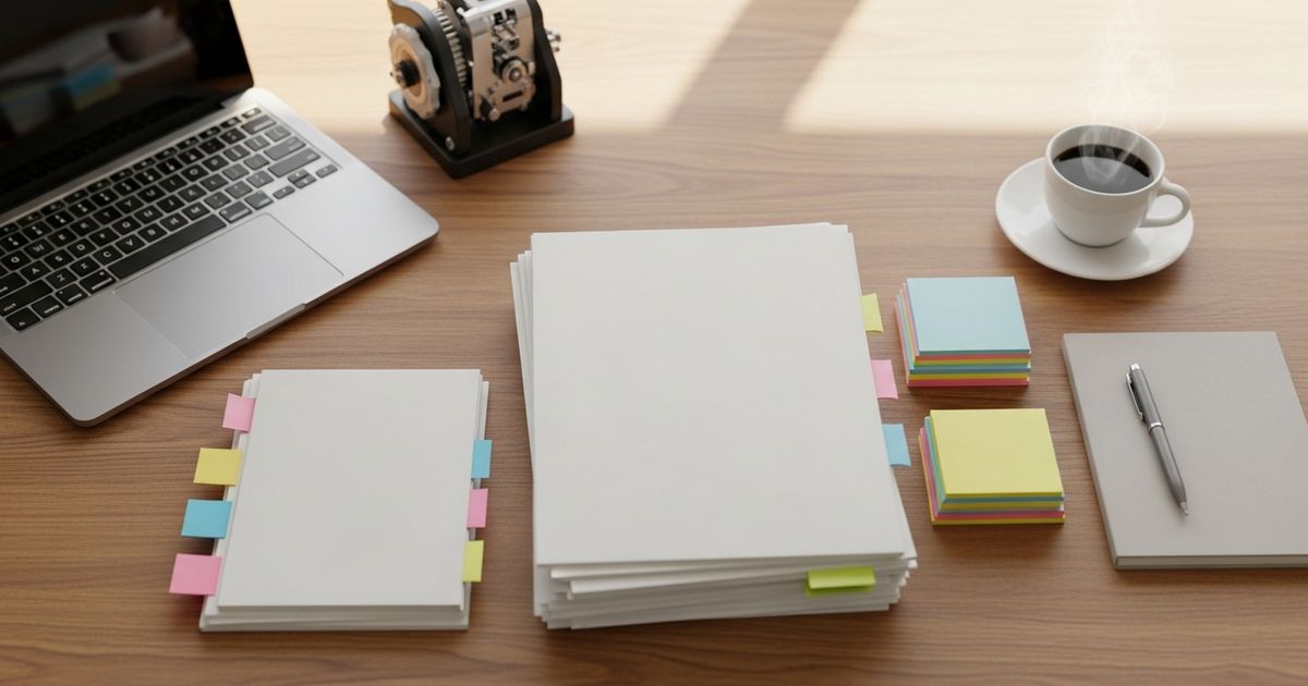 Editorial workspace with blank planning materials and a small mechanical object representing automation, photographed in a warm, modern style.