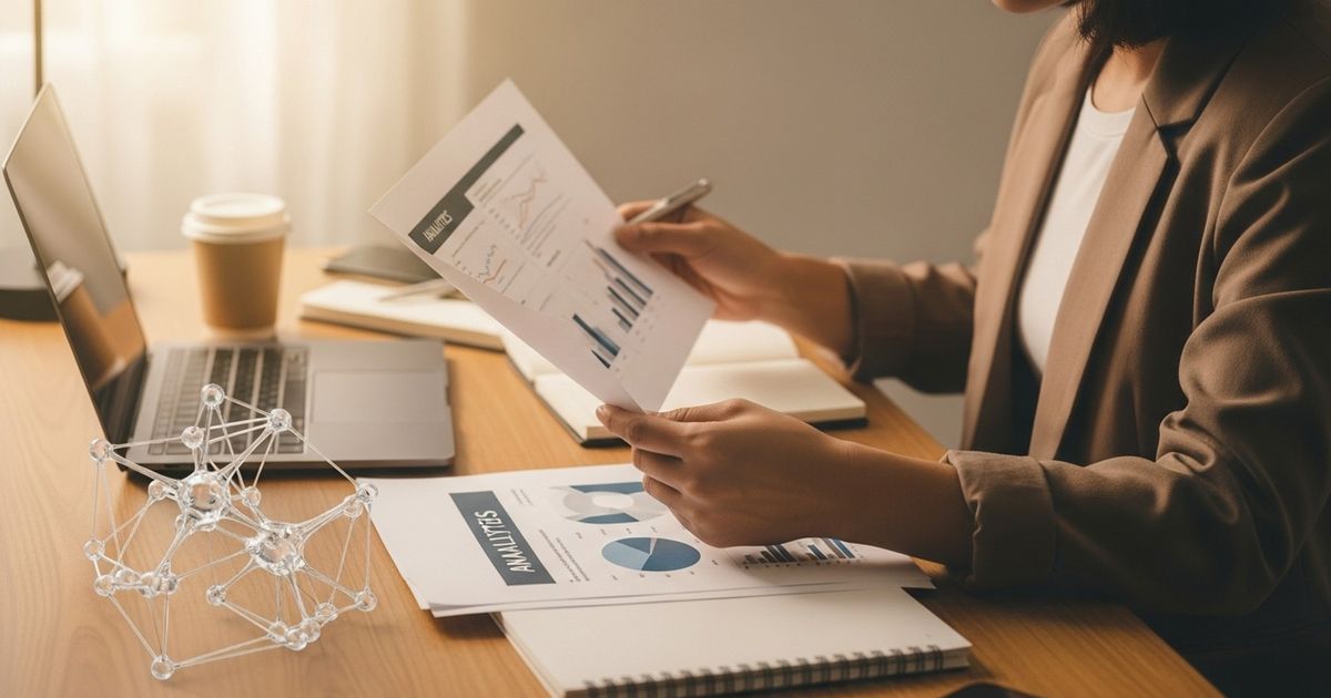 Content marketer reviewing printed charts beside a small translucent neural-network model on a warm-toned desk