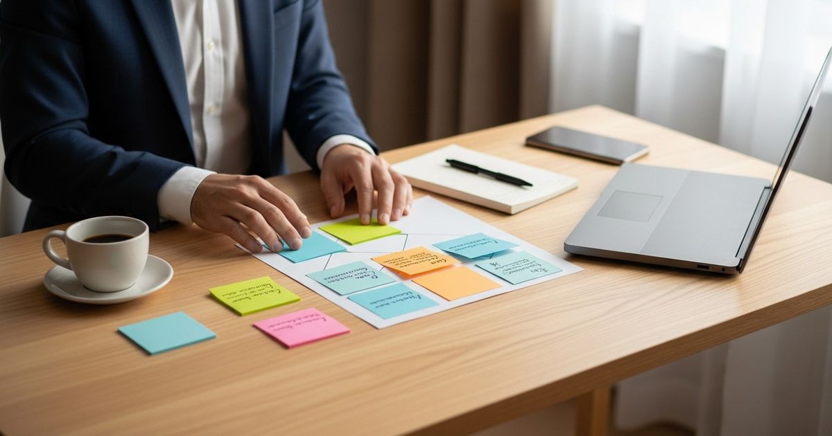 Consultant arranging blank color-coded index cards into a content map on a clean desk — visual metaphor for planning an SEO content system.