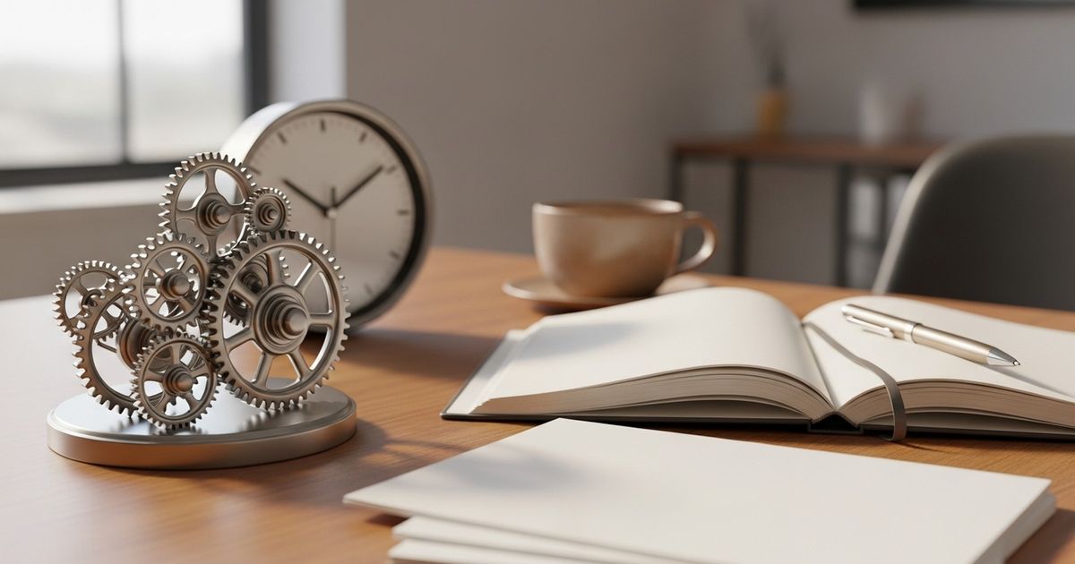 Modern workspace with interlocking gears sculpture, analog clock and blank notebook symbolizing automation, scheduling and content planning