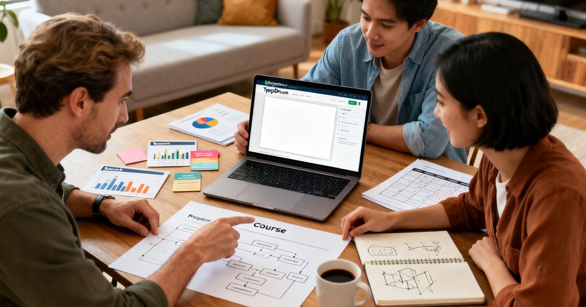 Founder optimizing a Typedream course site and sketching a topic cluster strategy for typedream seo
