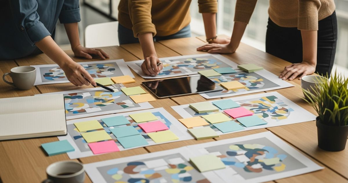 Team collaborating around a table with keyword maps and sticky notes to design an AI-driven SEO workflow