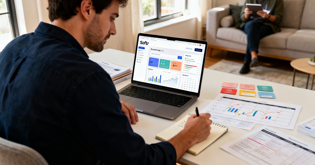 Founder editing a Softr website on a laptop in a modern home office, illustrating a Softr SEO workflow