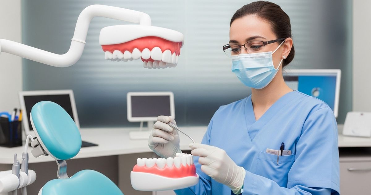 Cosmetic dentist showing a dental model to a smiling patient during a consultation in a modern clinic.