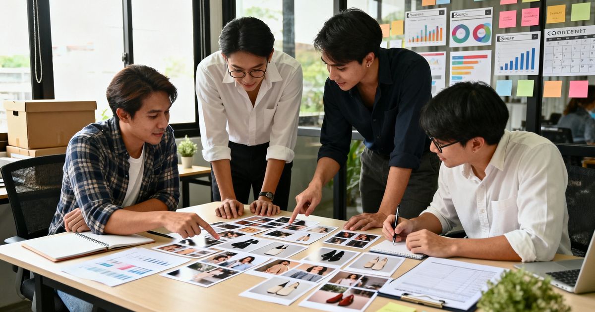 Ecommerce marketing team reviewing product page layouts in a modern office for 3dcart SEO