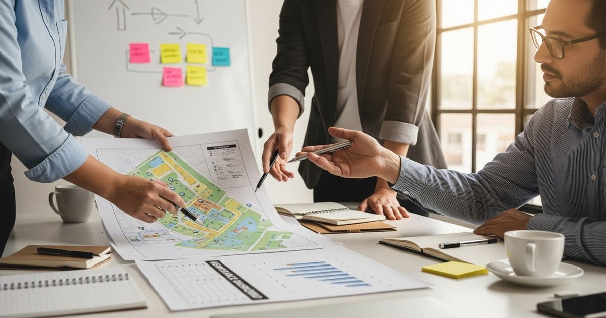 Team collaborating over a printed site map and maintenance plan for programmatic SEO