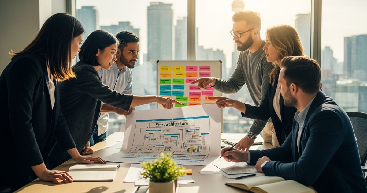 Marketing team collaborating on SEO strategy in a Toronto office — SEO agencies in Toronto working on topic clusters and site architecture