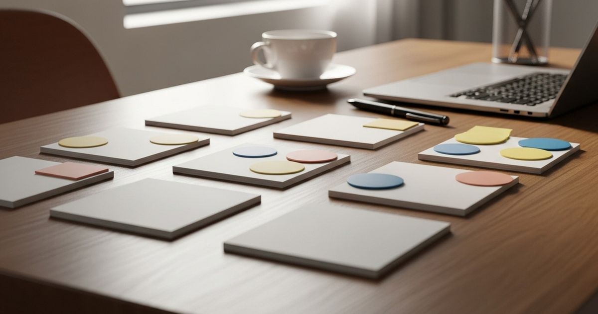 Workspace with blank color-coded index cards and tokens arranged for content planning, representing programmatic SEO workflow and scale.