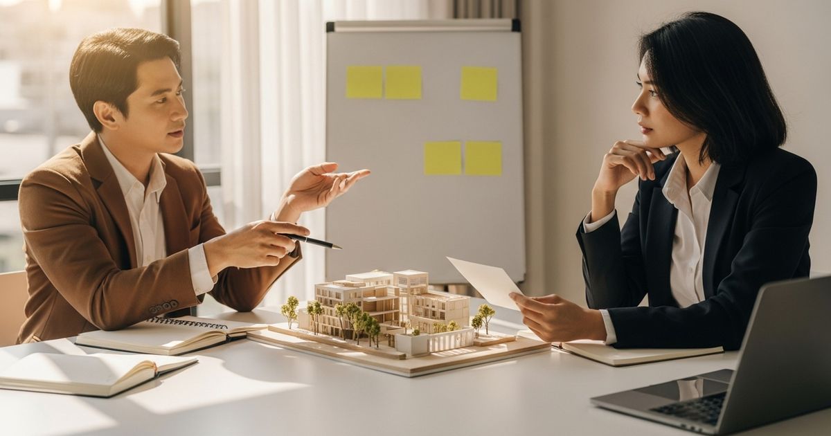 Architect and marketer collaborating over an architectural model and planning board in a modern meeting room, illustrating strategy and planning for website content.