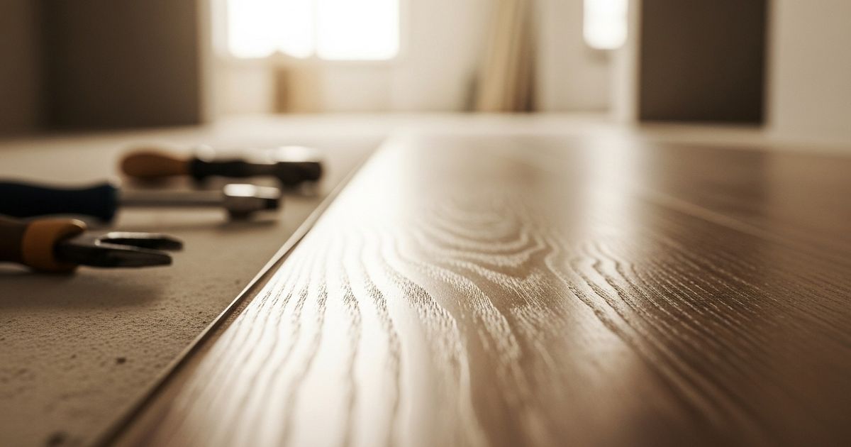 Close hyper-realistic view of newly installed warm-toned wood flooring with soft background light