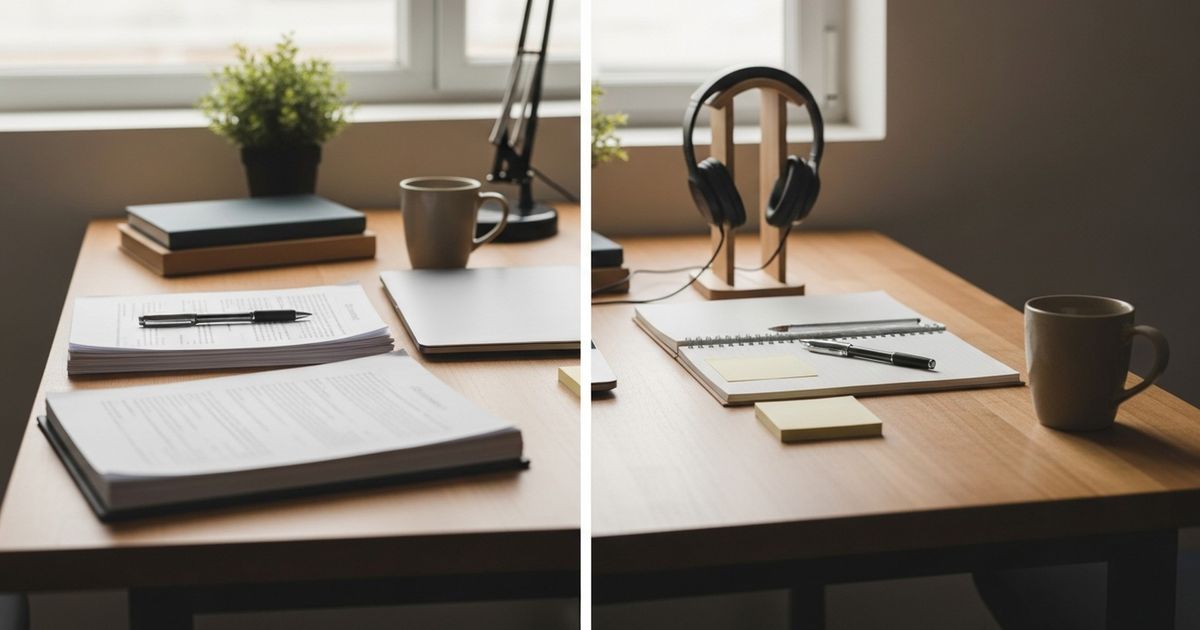 Two modern side-by-side workstations representing a comparison between AI writing tools for content teams, warm tones and clean composition.